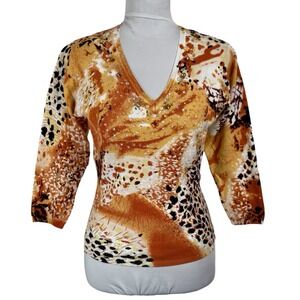 Y2K Victor Costa Beaded Sweater Knit Top Size Small Orange Sequin Leopard Fall
